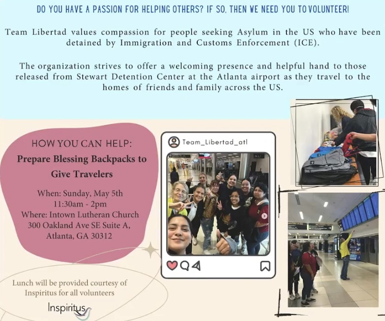 Join us Sunday, May 5 from 11:30-2 for our next Community Service opportunity! We will be packing backpacks for assylum seekers who come to Hartsfield Jackson airport and either continue their travel or stay in GA. 